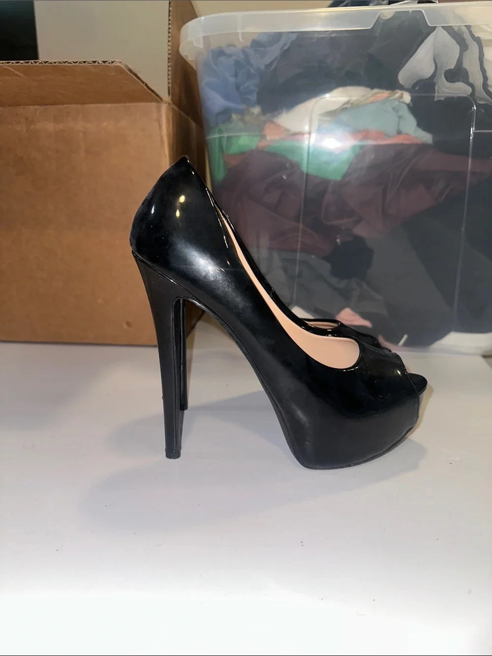 Women’s Black Patent Peep-Toe Platform Heels